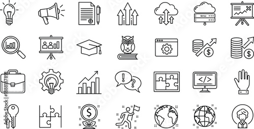 Business icons, education symbols, technology vector set, innovation illustration, financial growth elements, teamwork resources, global connectivity, communication tools, strategy development 