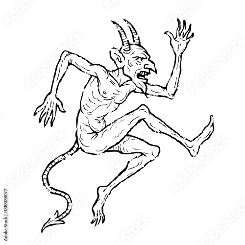 Medieval Marginalia Style Horned Demon Leaping in Absurd Naive Manuscript Illustration
