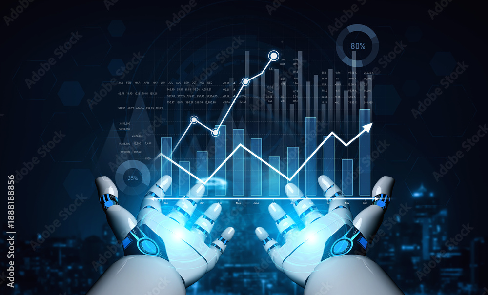 Foto Futuristic robotic hands present an engaging interaction with digital data, showcasing analytics growth and technology evolution in a modern setting