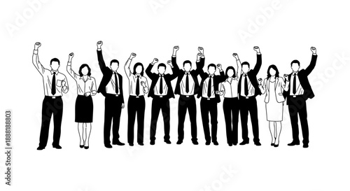 empowered business group celebrating unity and success with raised fists demonstrating determination and teamwork in a professional environment for corporate themes.