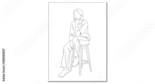 line art illustration of a woman sitting on a stool deep in thought perfect for conveying mental health contemplation and reflection.
