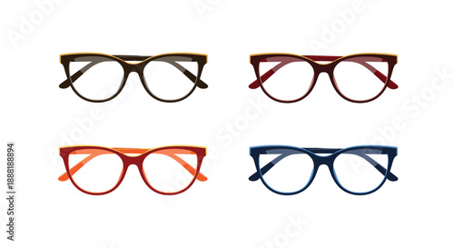 Set of four stylish cat eye glasses frames in brown, red, orange, and blue colors presented on a clean white background.