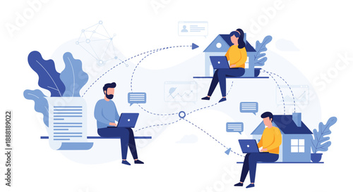 Diverse group of people working from their own homes connected by digital lines in a remote office environment.