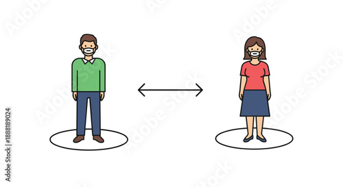 Man and woman wearing medical masks while maintaining safe social distance between each other in a public space.