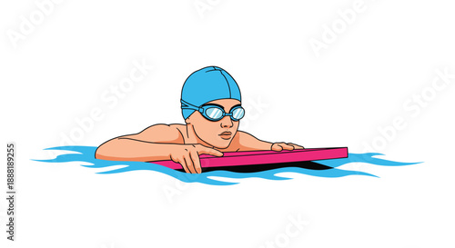 Young swimmer wearing a blue cap and goggles practicing with a pink kickboard while floating in bright blue water ripples.