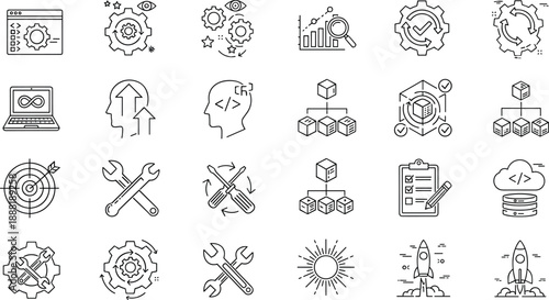 DevOps icons, software development symbols, cloud computing graphics, data management tools, coding visuals, vector illustration, minimal line art, tech elements