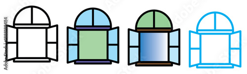 Four stylized open window icons featuring arched tops and wide-open shutters in different color schemes