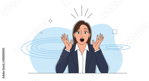 Expressive businesswoman in a suit showing a state of extreme shock and alarm with her hands raised and mouth open.