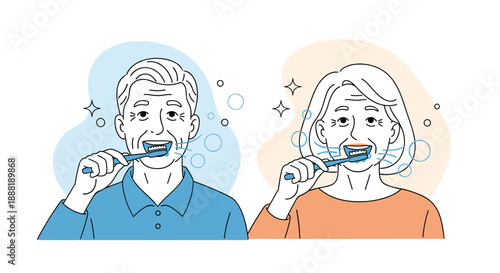 Elderly man and woman happily brushing their teeth together with sparkles and bubbles representing good dental hygiene.