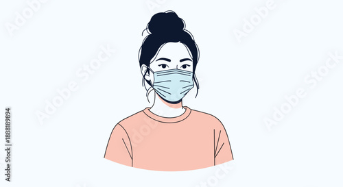 Portrait of a young woman with her hair in a bun wearing a light blue face mask for protection and health safety.