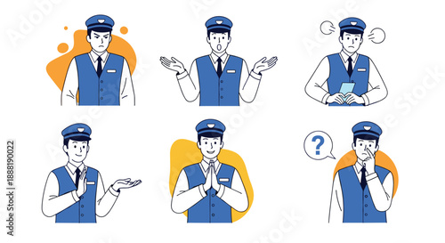 Collection of various character expressions shows a railway station staff member in uniform performing different hand gestures.