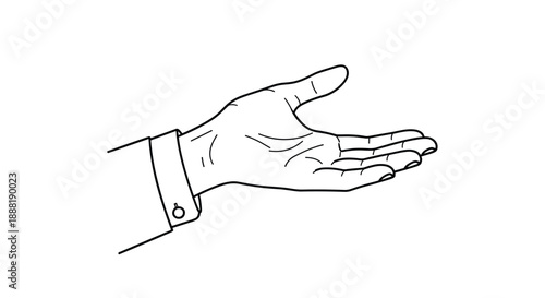 Minimalist line illustration shows a male hand in a suit sleeve extended outward with an open palm in a welcoming gesture.