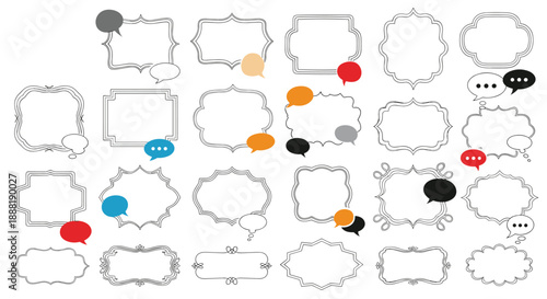 Extensive set of decorative vintage frame borders and ornate speech bubbles provides elegant design elements for creative projects.