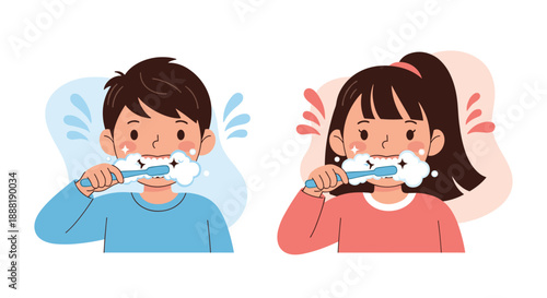 Cheerful illustration of a young boy and girl happily brushing their teeth together with lots of white foamy bubbles.