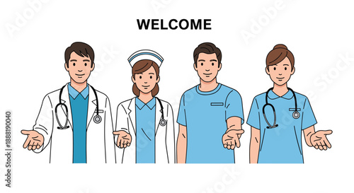 Group of smiling medical professionals including doctors and nurses welcome patients with open hands and friendly expressions.