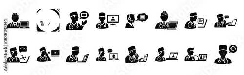 doctor consulting online vector icon set multiple style collection. doctor day silhouette medical symbols for healthcare