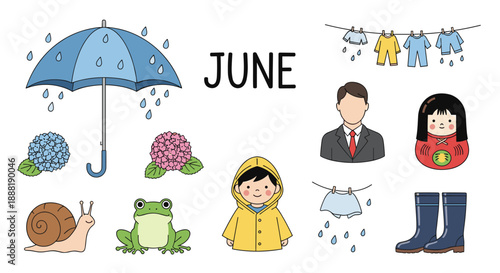 Variety of colorful icons representing the month of June include rainy weather elements, hydrangeas, snails, and a frog.
