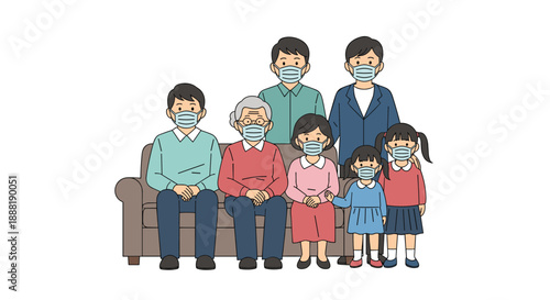 Large multi-generational family group sits together on a sofa wearing protective face masks to ensure safety and health.