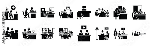 doctor consultation room vector icon set multiple style collection. doctor day silhouette medical symbols for healthcare