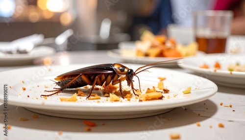 Large brown cockroach feasting on leftover food crumbs on a dirty white dinner plate.