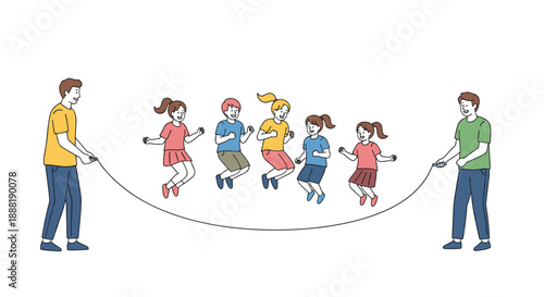 Energetic group of diverse children enjoy jumping over a long skipping rope held by two adults in a fun outdoor activity.