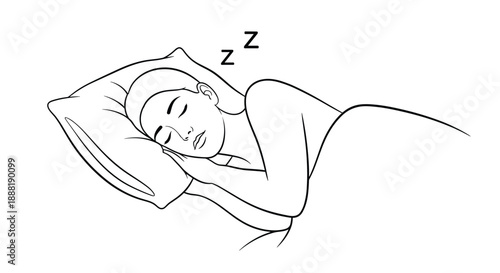 Calm line drawing depicts a young woman sleeping peacefully in her bed with her hand tucked under her cheek while dreaming.