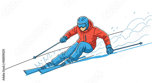 Dynamic illustration of a skier in a bright red jacket and blue pants carving through deep snow on a steep mountain slope during winter.