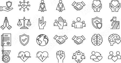 Health icons, justice symbols, support graphics, community visuals, teamwork elements, emotional care, vector illustration, minimal line art, social responsibility