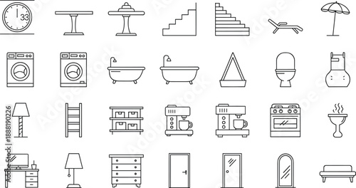 Household icons, furniture symbols, home items, interior tools, lifestyle graphics, vector illustration, minimal line art, domestic design, living essentials