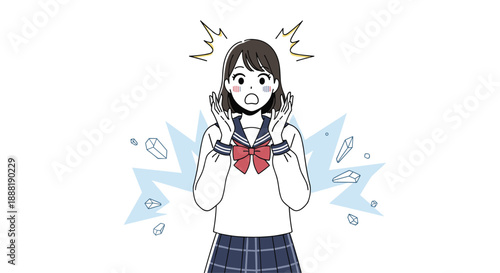 Portrait of a Japanese high school girl in a sailor-style uniform looking shocked or surprised with an expressive blue splash background.