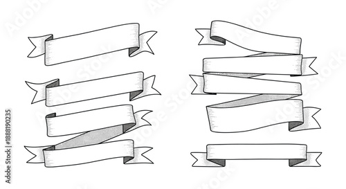 Set of various hand-drawn vintage style ribbon banners with stippled shading, ideal for retro labels, titles, and decorative elements.