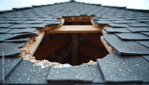 Close up of a damaged roof with a large hole showing the interior wood structure. Broken shingles expose insulation and roof framing. The dark asphalt roof needs urgent repair.