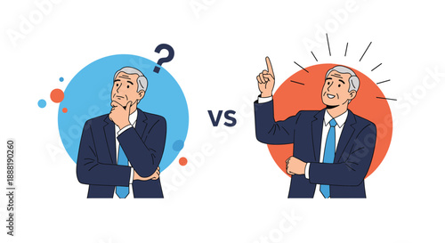 Comparison of an elderly businessman in a suit showing a confused thinking pose versus an inspired pose with a lightbulb moment icon.