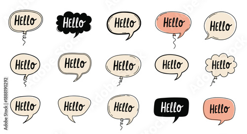 Diverse set of speech bubble icons in different colors and shapes with hand-lettered text saying hello for social media and messaging.