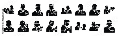 doctor listening heartbeat vector icon set multiple style collection. doctor day silhouette medical symbols for healthcare