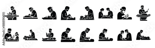 doctor performing surgery vector icon set multiple style collection. doctor day silhouette medical symbols for healthcare