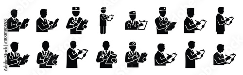 doctor with clipboard vector icon set multiple style collection. doctor day silhouette medical symbols for healthcare