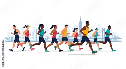 Diverse group of runners participating in a city marathon race.