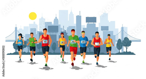 Diverse group of runners participating in a city marathon race.