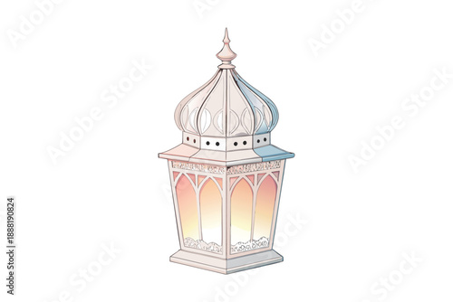 Vibrant lantern with dome top glowing softly in evening