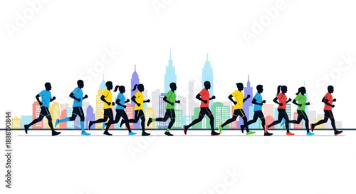 Diverse group of runners in silhouette against a colorful city skyline.