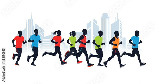 Diverse group of runners in silhouette against a city skyline.