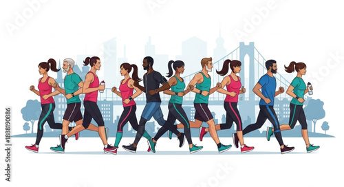 Diverse Group of Runners Jogging Together in City Park.