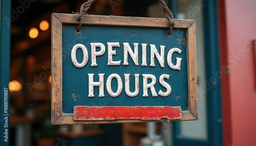 Rustic wooden sign displays opening hours for business. Vintage lettering informs public about shop service times and closure days. Classic storefront announcement.