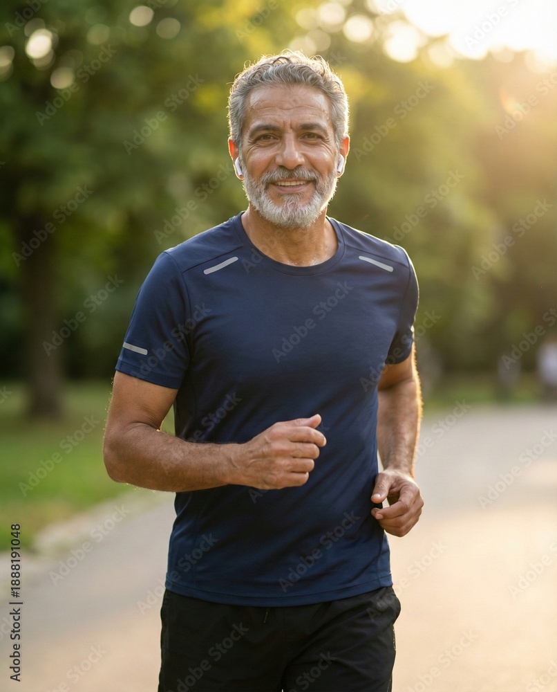 Fototapeta premium Happy Senior Man Jogging in Park at Golden Hour with Earbuds. Active Mature Male Enjoying Outdoor Fitness and Healthy Lifestyle.