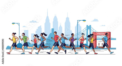 Diverse group of runners participating in a city marathon event.