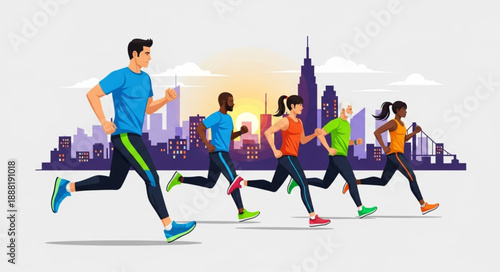 Diverse group of runners participating in a city marathon event.