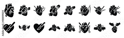 heart surgery vector icon set multiple style collection. doctor day silhouette medical symbols for healthcare