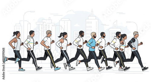 Diverse group of runners participating in a city marathon race.
