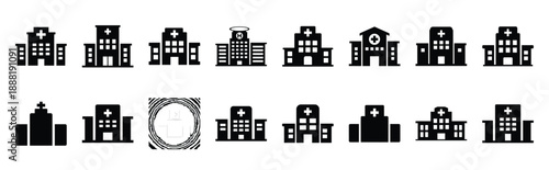hospital building vector icon set multiple style collection. doctor day silhouette medical symbols for healthcare